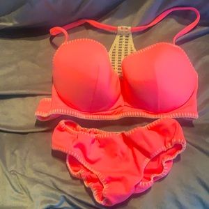 Super cute coral bikini w/macrame’ detailing